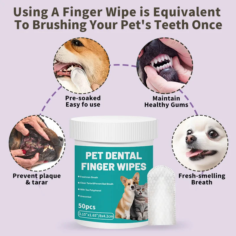 50Pcs/box Dog Dental Care Wipes Cat & Dog Teeth Cleaning Finger Wipes Dog Tooth Brushing Kit Dental Wipes